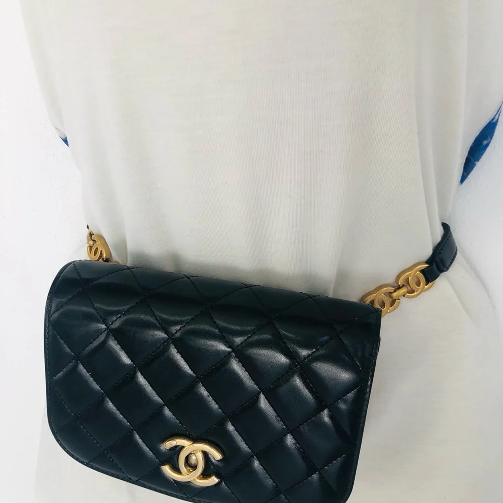 CHANEL Black Quilted Lambskin/ Suede Mini Belt Bag with Gold CC Hardware - Picture 1 of 16
